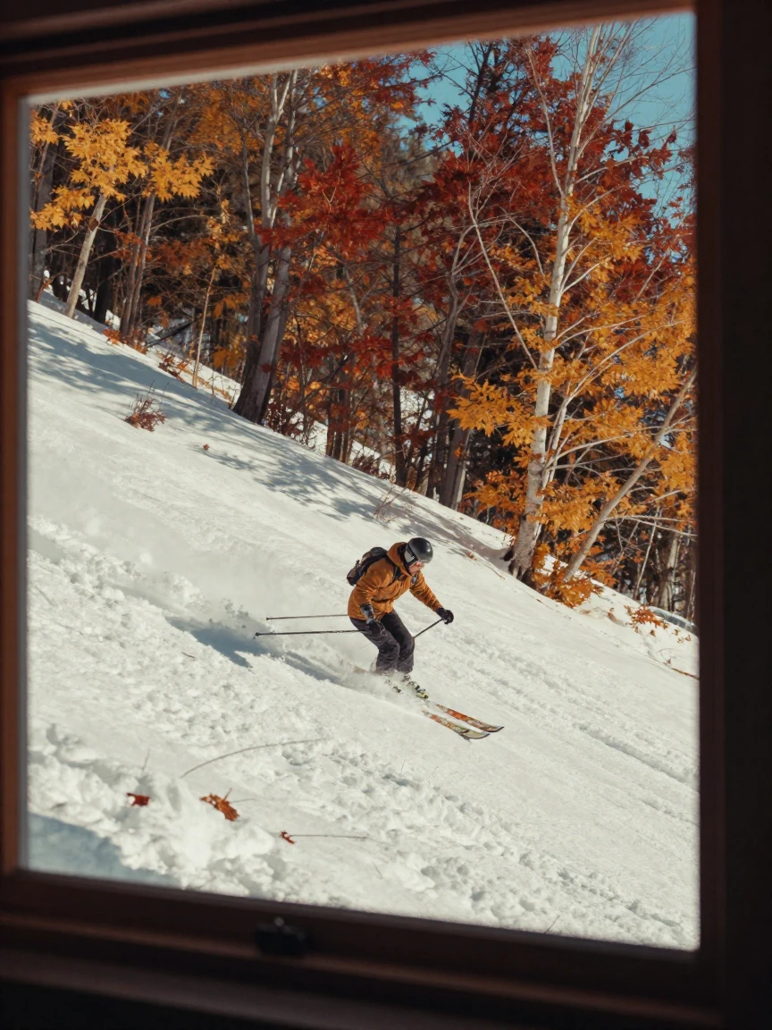 A skier carving fresh tracks down a powdery slope, under harsh midday sun, in crisp, dry air, as autumn leaves turn gold and red, dominated by warm amber and rust tones, viewed from across the room.