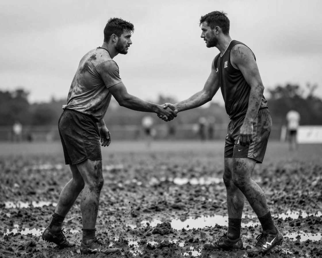 Two rival athletes shake hands after a hard-fought match on a muddy playing field.
