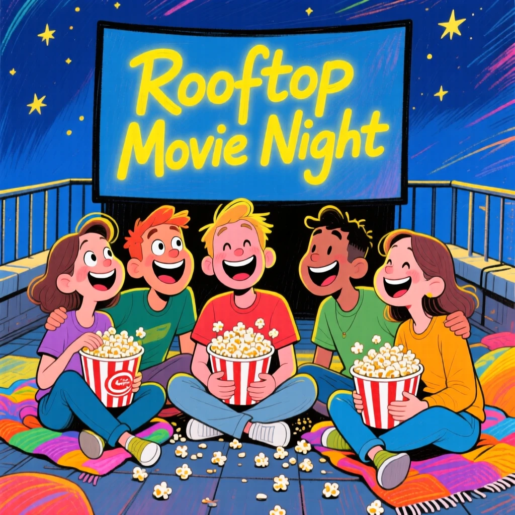 A group of friends at a rooftop movie night, blankets and popcorn scattered around.