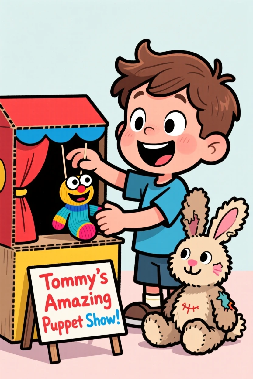 A playful childhood moment of a little boy putting on a homemade puppet show, with a favorite stuffed animal close at hand.