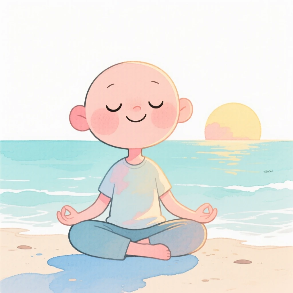 An uplifting, heartwarming moment of a person meditating peacefully as the sun rises over the ocean