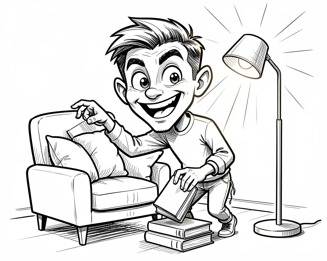 [Trending & Universal Topics] Modern lifestyle scene of an energetic minimalist designer setting up a cozy reading nook, capturing everyday joy