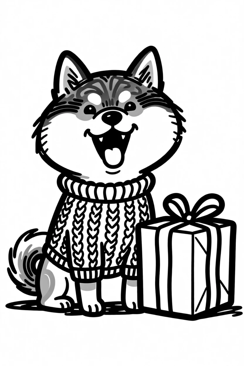 A shiba inu wearing a knitted holiday sweater, sitting beside a wrapped present twice its size.