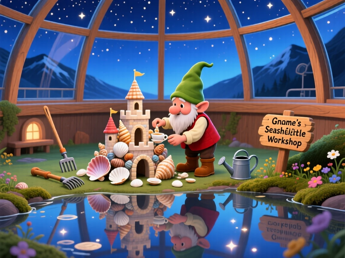 Deep within a mountaintop observatory, a tiny gnome gardener spends the evening building a castle out of seashells, as reflections shimmer on the still water.