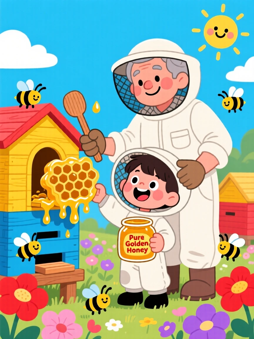 A young beekeeper harvesting honey for the first time with a mentor.
