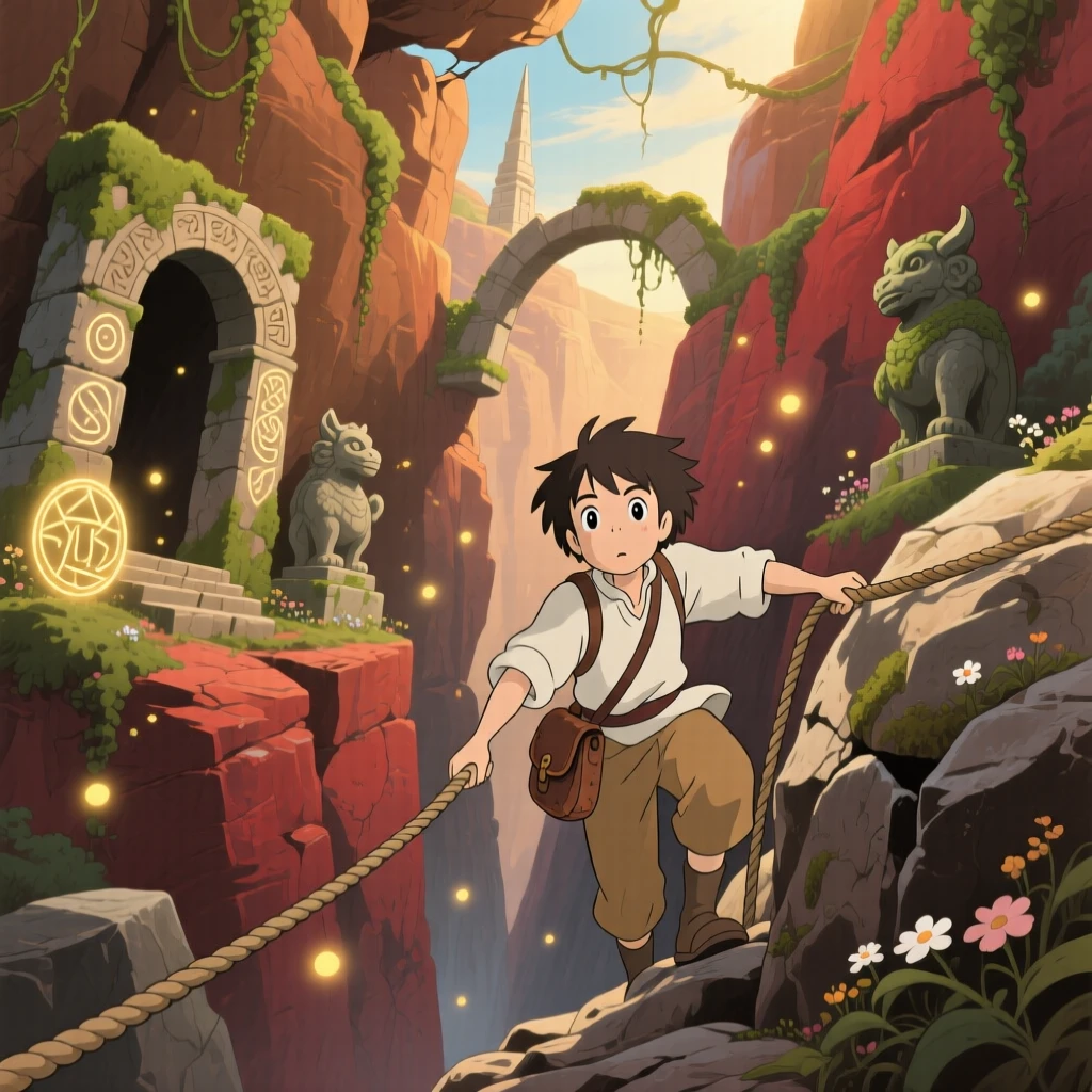 An adventurer descending into a canyon filled with ancient ruins, the moment charged with curiosity.