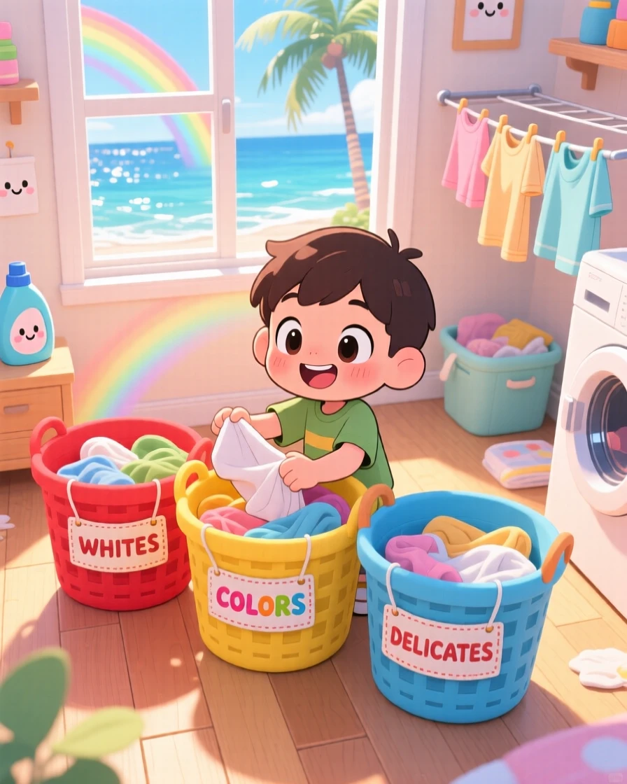 A small boy sorting laundry into colorful baskets, framed as a high aerial view within a cozy laundry room, on a breezy coastal afternoon, glowing under bright rainbow-tinted light, evoking triumphant pride.