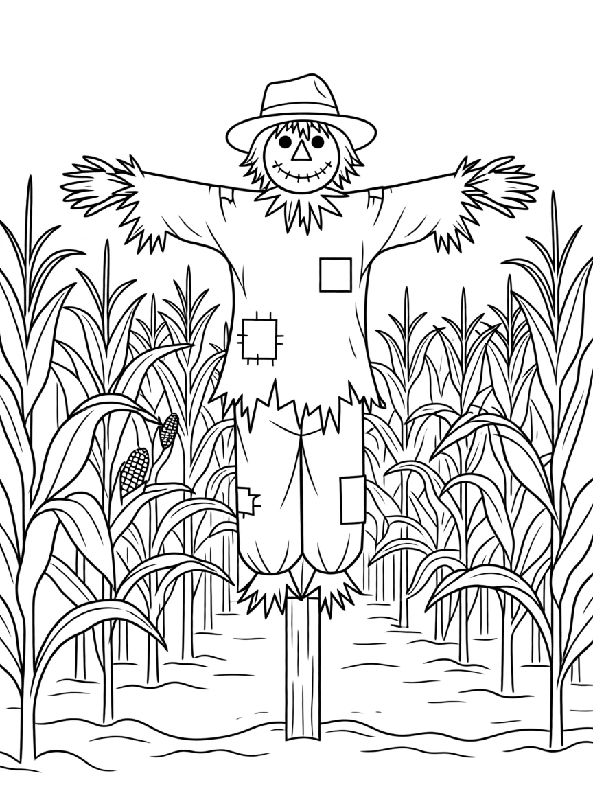 A scarecrow standing watch over a field of ripening corn