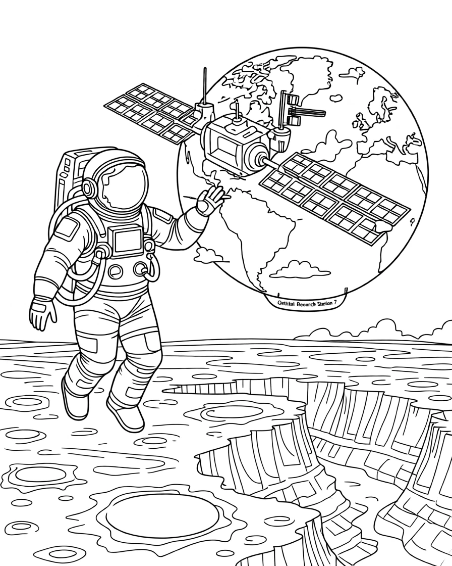 An astronaut floating outside a space station with Earth in view, with craters and canyons stretching into the distance.