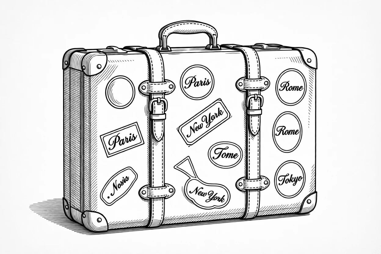 A vintage suitcase covered in travel stickers