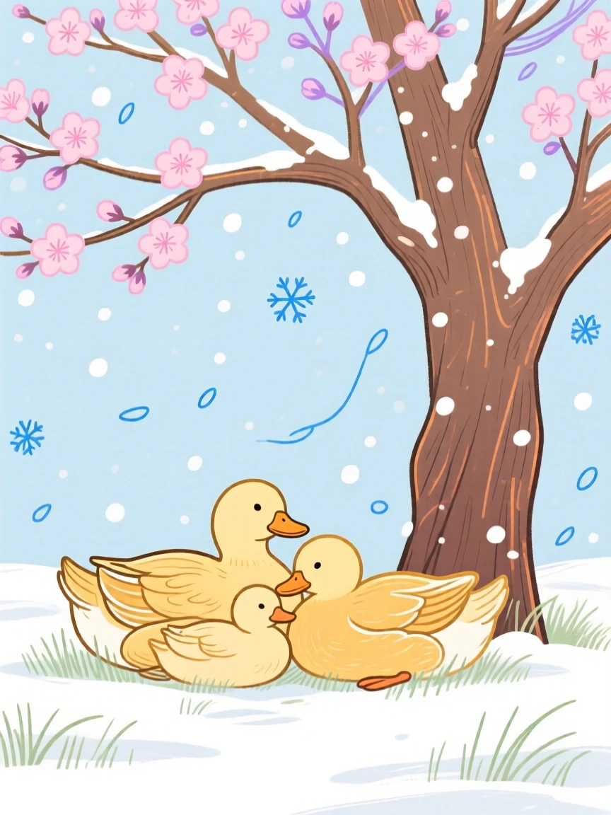 A family of ducks curled up together under a blossoming tree during a light snowfall.