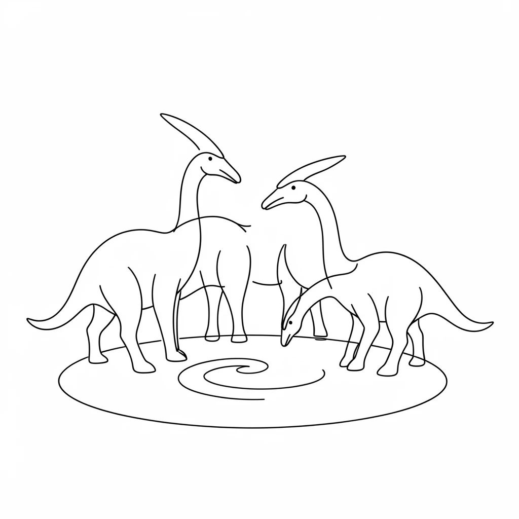 A group of Parasaurolophus gathered at a watering hole