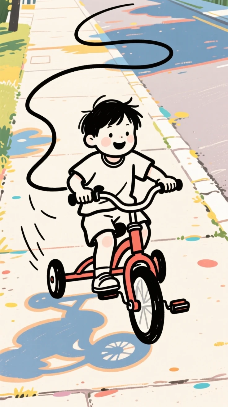 A child riding a tricycle down a sunny sidewalk with training wheels.