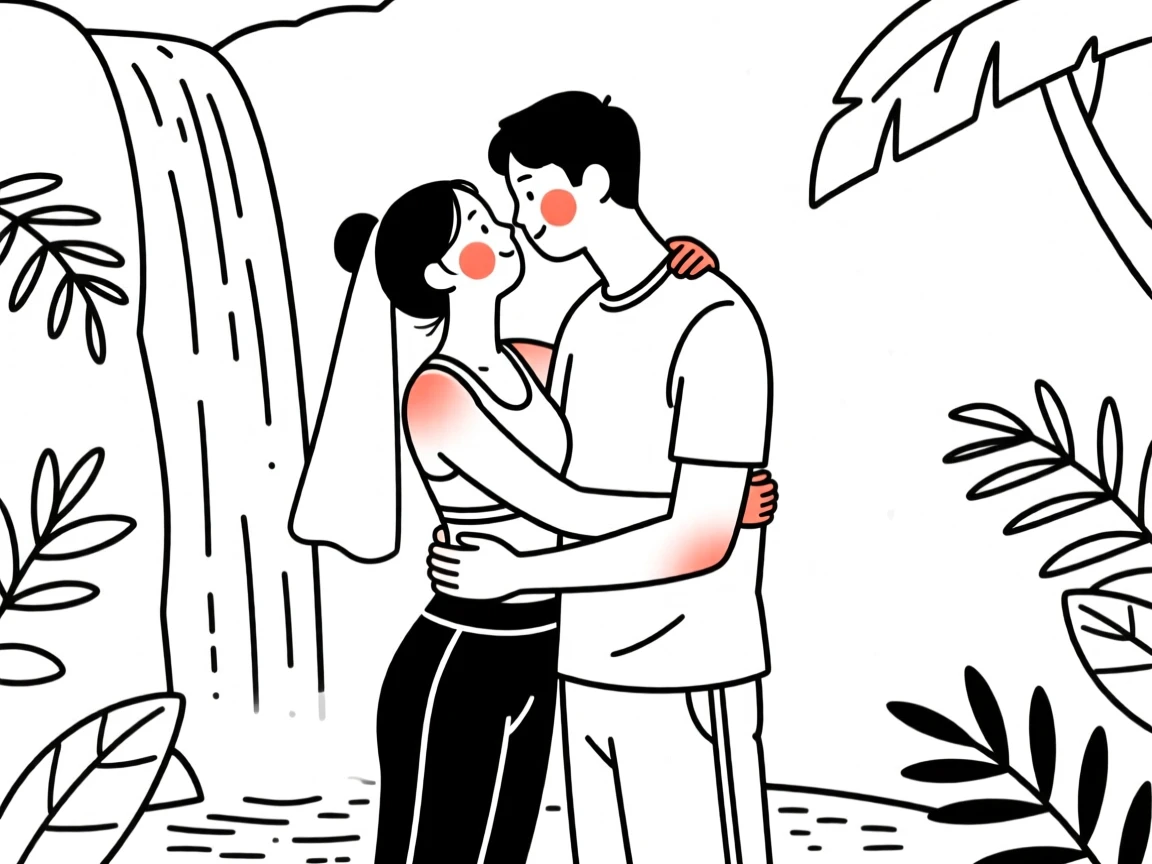 A newlywed woman in athletic workout wear, sharing a tender embrace, by a waterfall in the jungle.