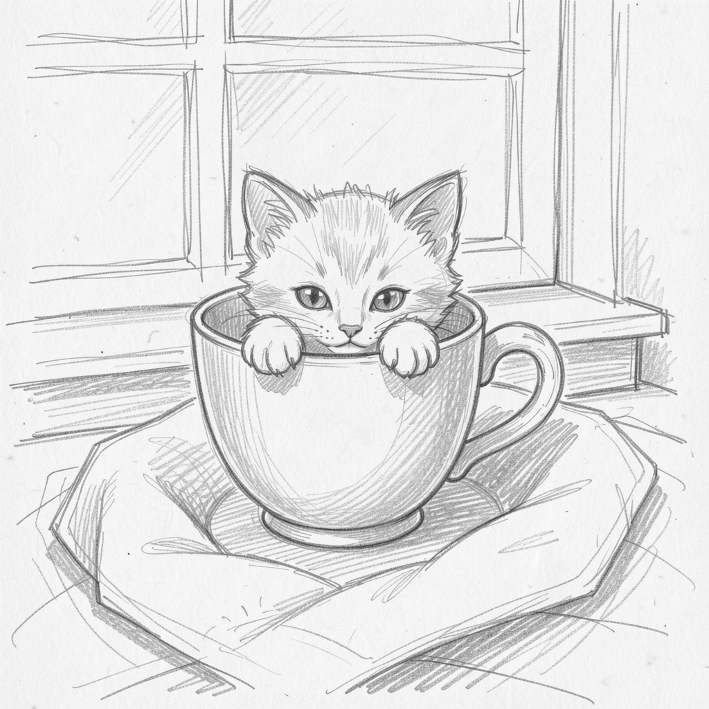 A tiny kitten peeking out of a teacup, on a cozy blanket by a window, with tiny paws tucked in close.