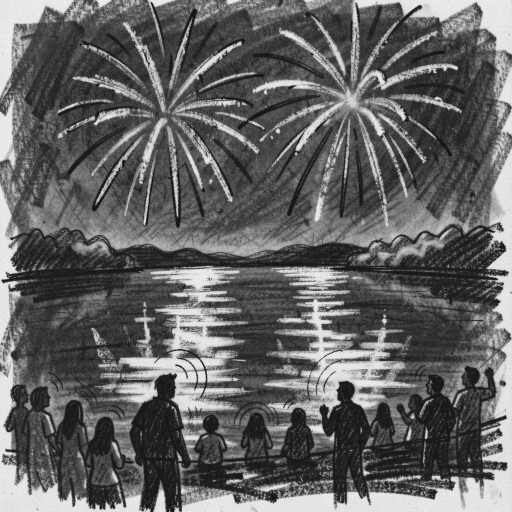 A Fourth of July fireworks show reflected over a lake, as laughter fills the air around them.