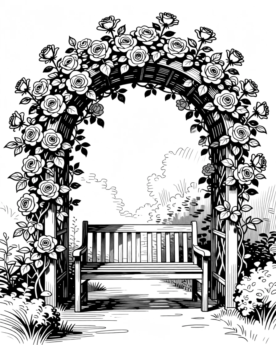 A blooming archway of roses framing a peaceful garden bench.