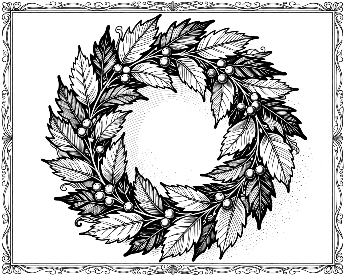 An ornamental wreath of autumn leaves and berries framed by a delicate decorative border, with intricate detailing that rewards close viewing, forming a quietly mesmerizing decorative composition.