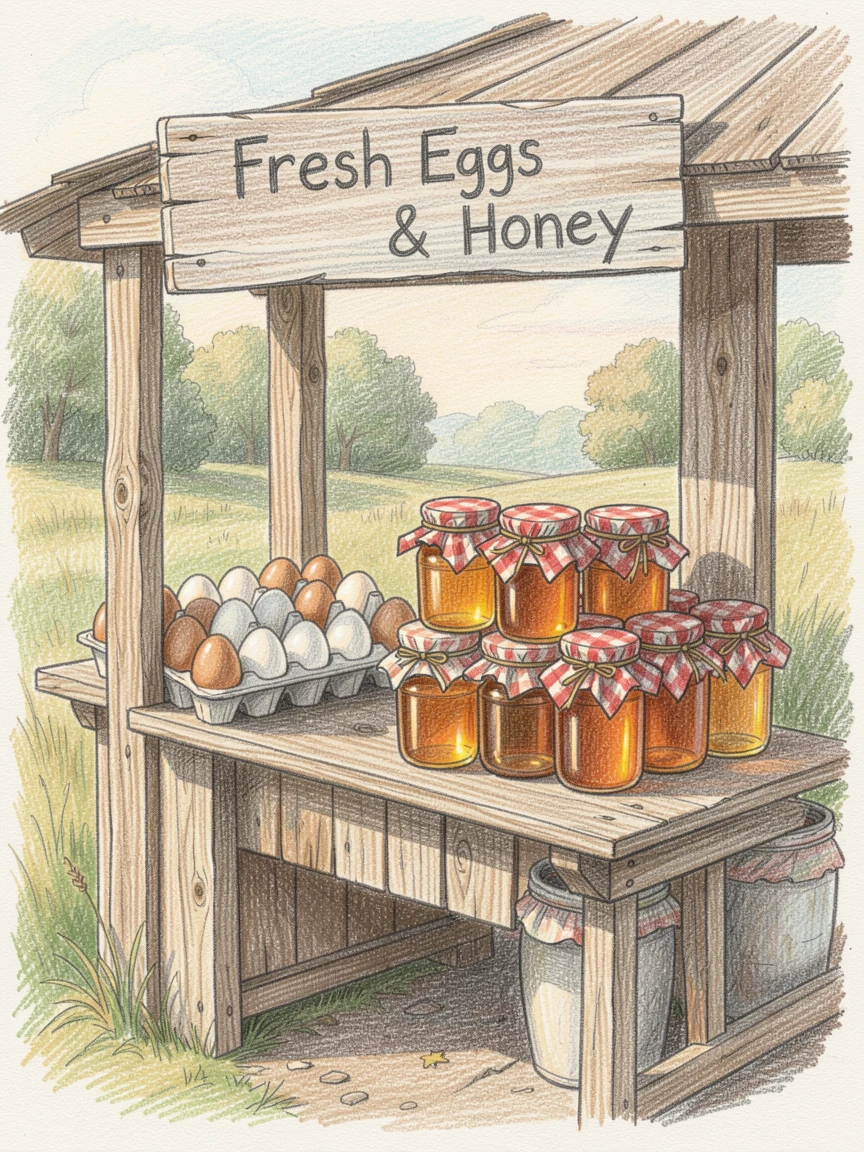A rural roadside stand selling fresh eggs and honey jars, with a gentle play of light and shadow across the composition, celebrating a moment people would love to revisit.