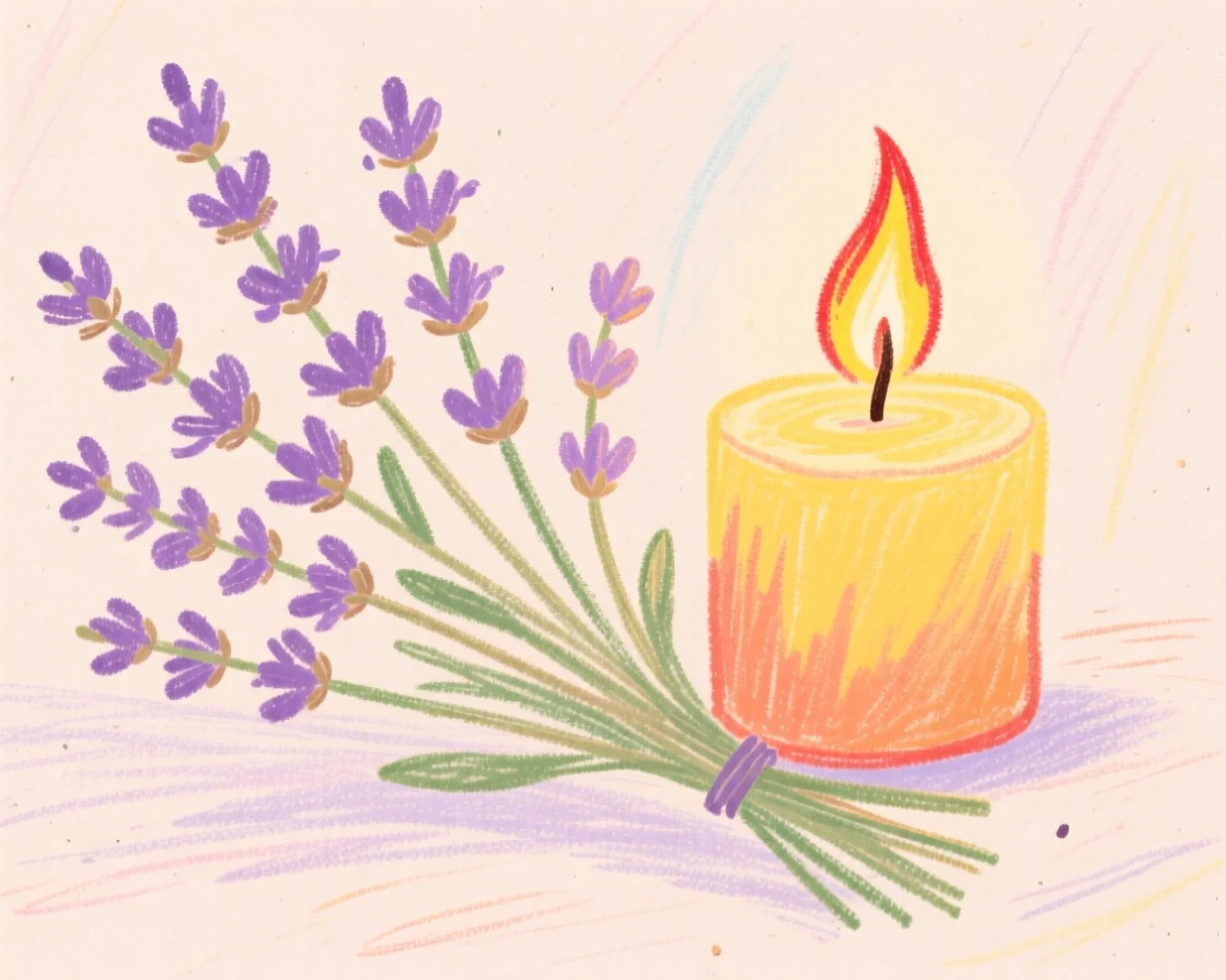 A bundle of dried lavender placed beside a softly glowing candle.
