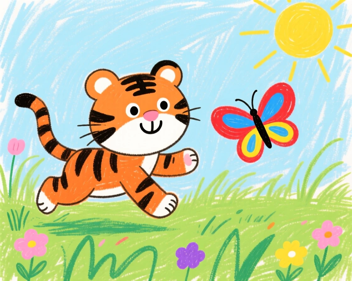 A striped baby tiger chasing a butterfly across a sunny field.