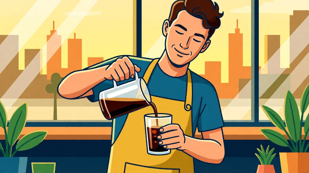 A stylish barista pouring cold brew coffee into a glass, surrounded by soft golden evening city light, framed to capture authentic everyday urban charm, with vibrant, trendy colors that feel fresh and current.