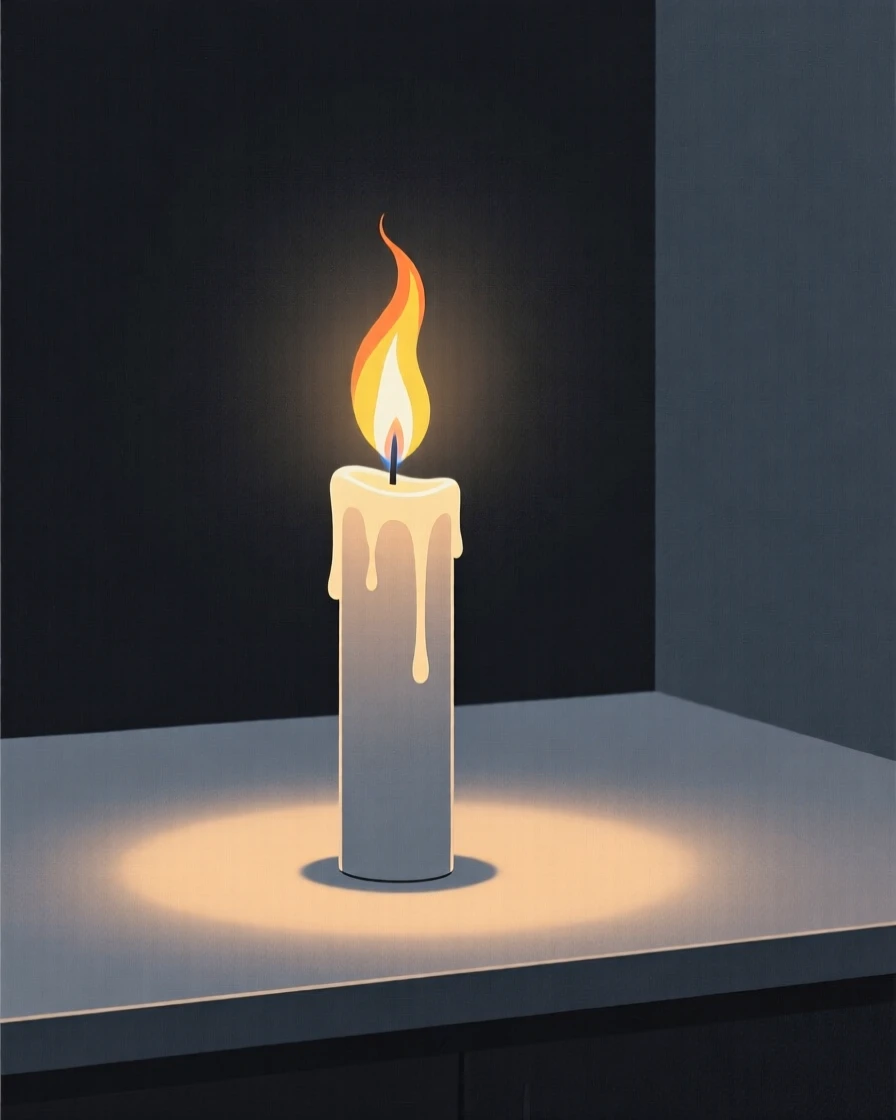 A single candle flame flickering steadily in a quiet, dark room.