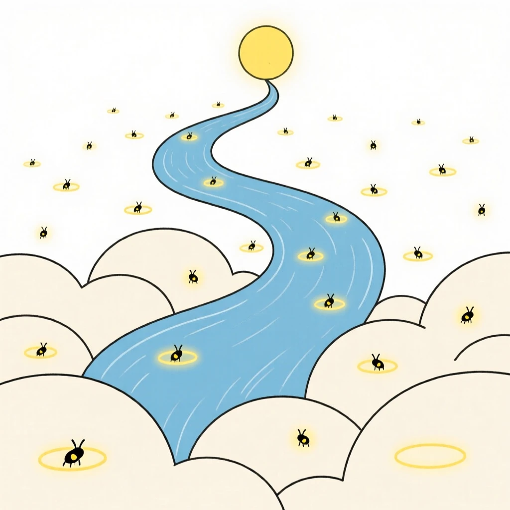 A dreamlike river flowing upward into the sky rising from a world made entirely of clouds, filled with tiny glowing fireflies, evoking whimsical fantasy.