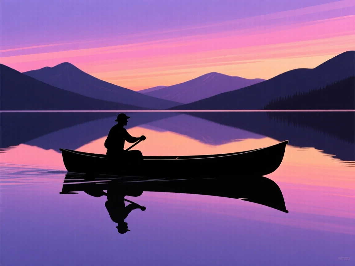 A single canoe cutting a smooth line across a mirror-still mountain lake.