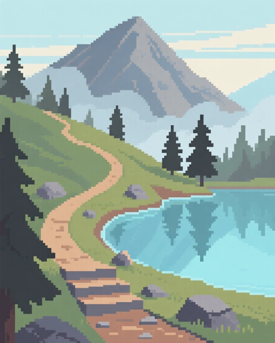 A winding mountain trail wrapped in a light morning mist, beside a calm and glassy lake.