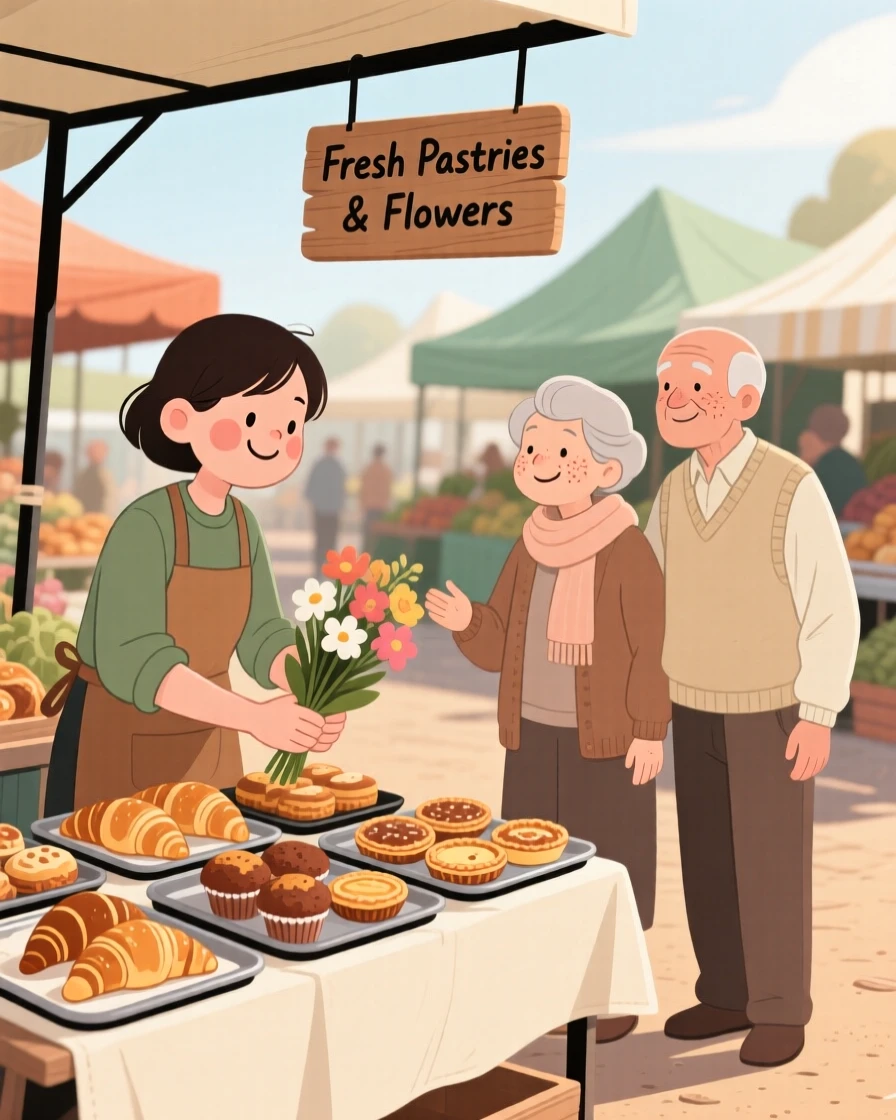 A flower seller arranges trays of pastries at a bustling farmers market, greeting an elderly couple with a warm smile in the morning sun.