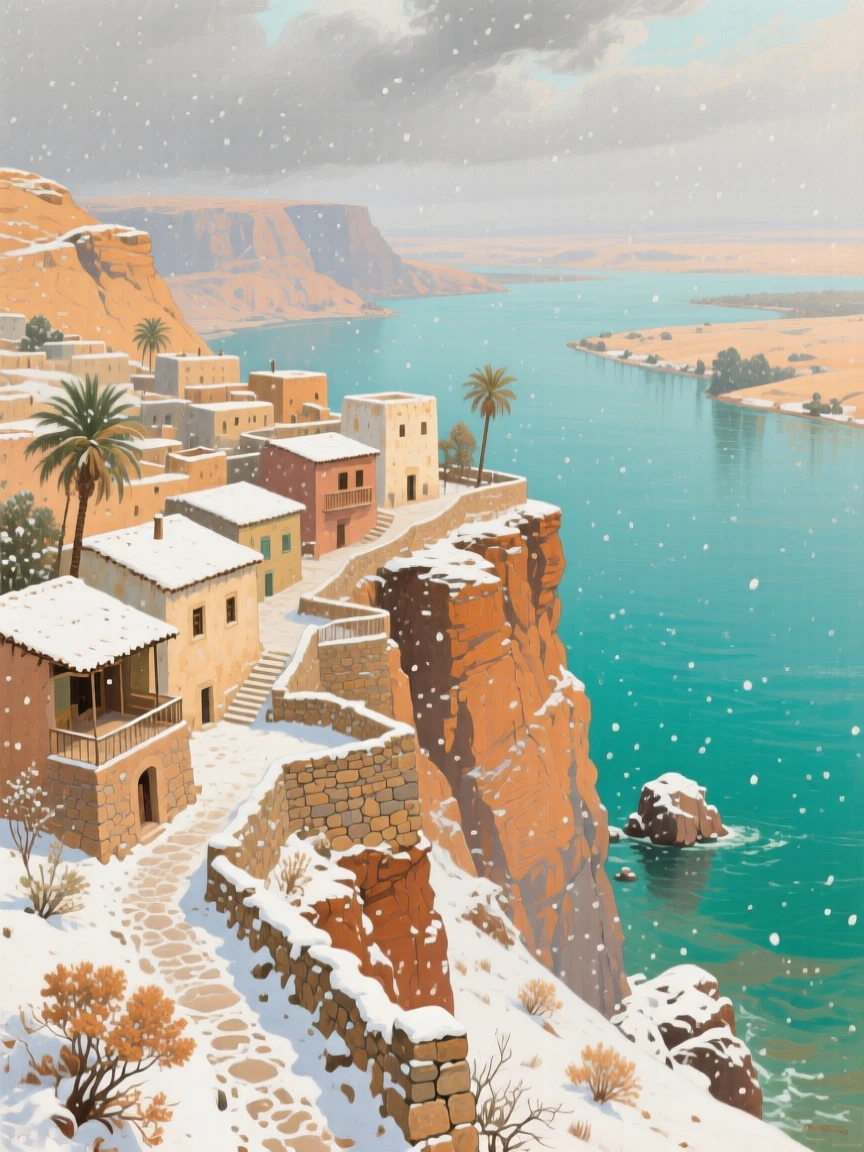 A bird's-eye view of a cliffside village overlooking a sparkling turquoise sea, along the Nile in Egypt, in gentle falling snow.