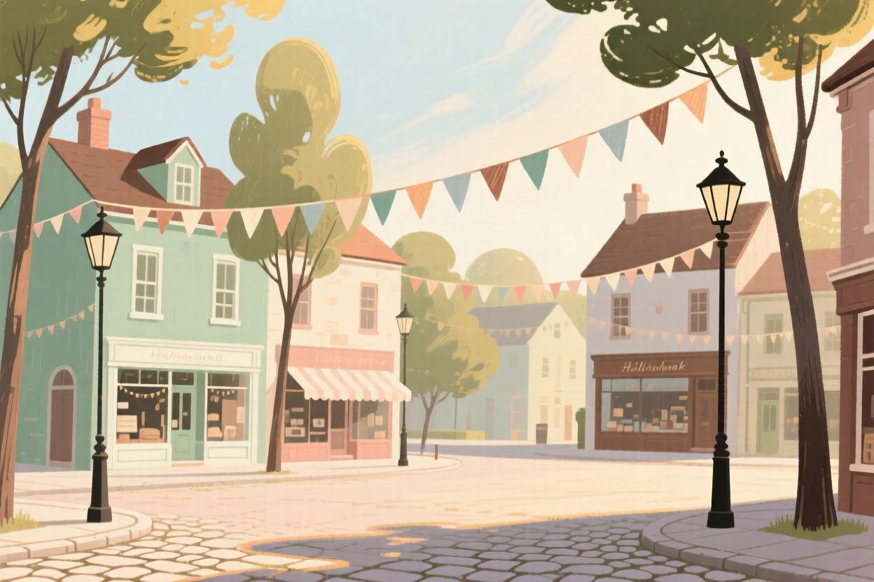 A village square decorated with bunting for a summer festival