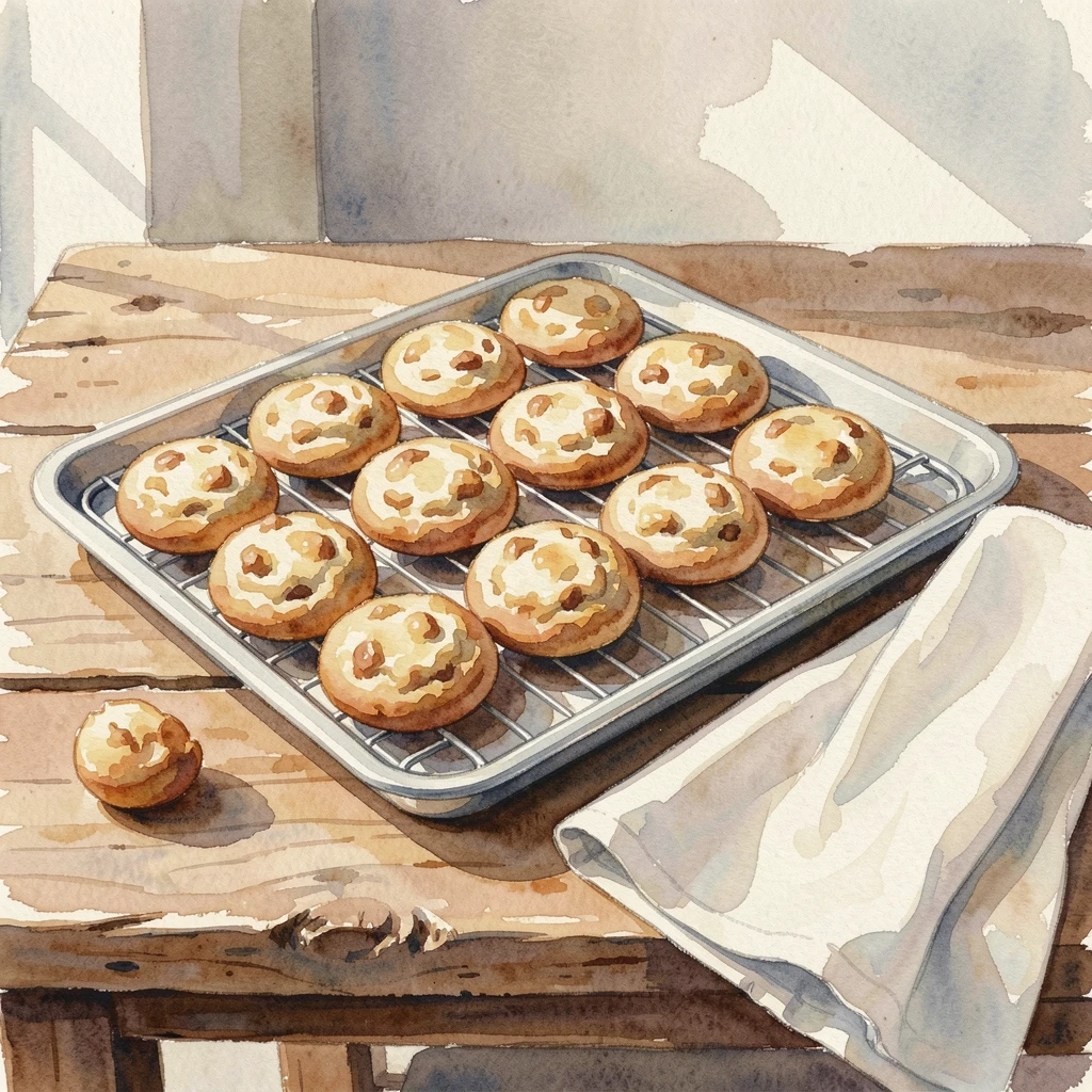 A tray of freshly baked cookies cooling on a rack on a rustic wooden table beside a folded linen napkin.