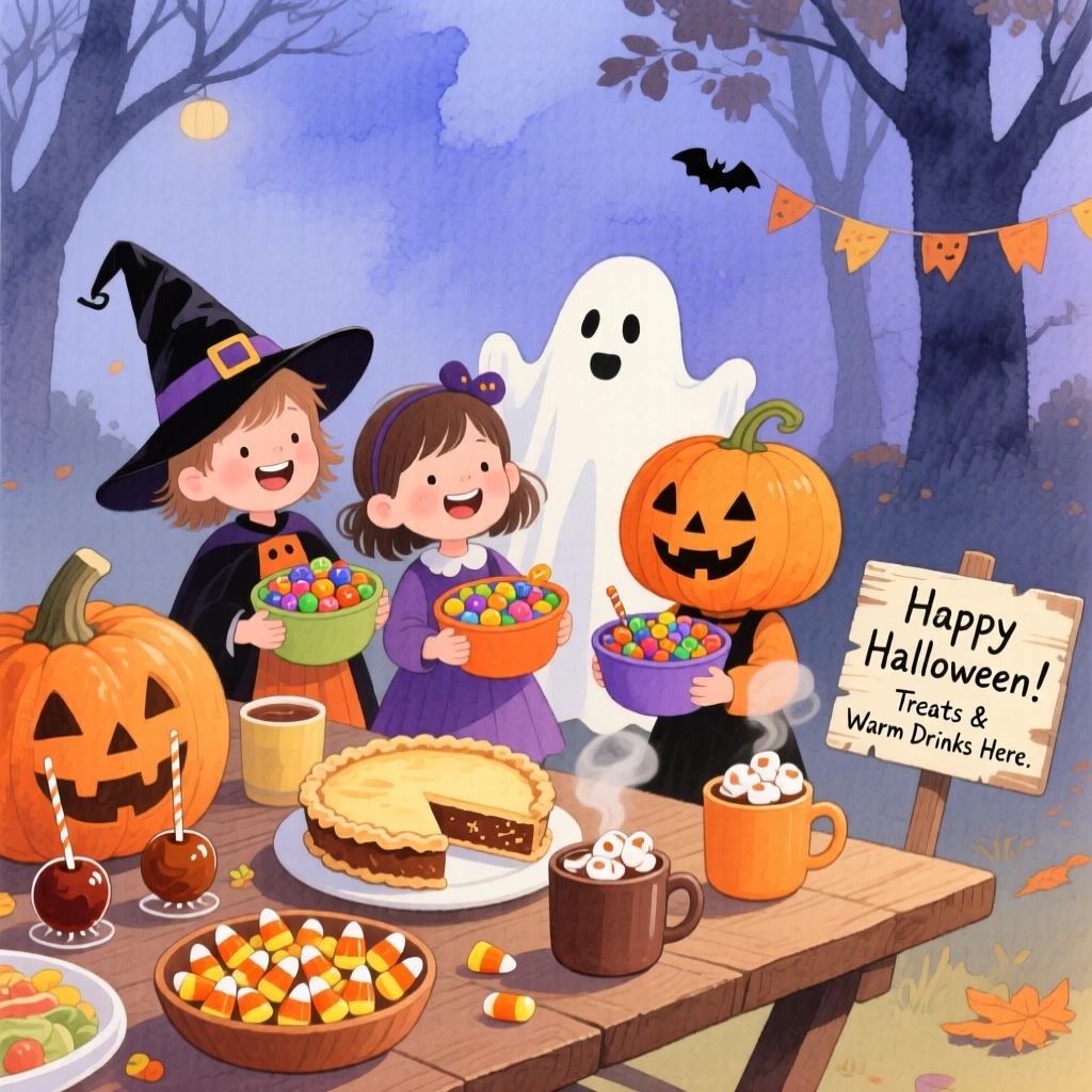 A joyful scene of a Halloween trick-or-treat evening, filled with festive food and warm drinks, capturing the warmth of the celebration