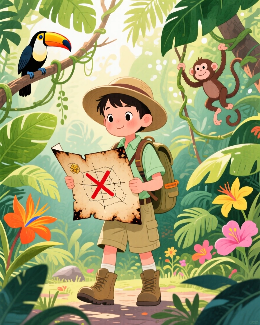 A thrilling glimpse of a young explorer following an old map through a jungle.