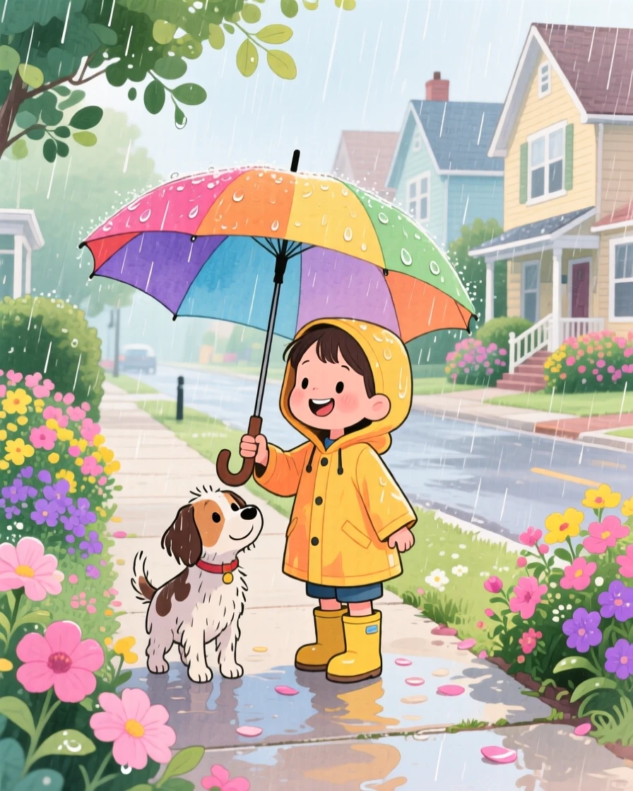 A child sharing their umbrella with a stray dog caught in the rain, in a peaceful neighborhood full of blooming gardens, radiating kindness, hope, and heartfelt emotion.