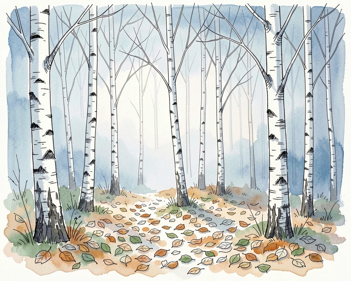 A quiet birch forest with slender white trunks rising from a carpet of fallen leaves, the scene bathed in the soft blue light of early dawn.