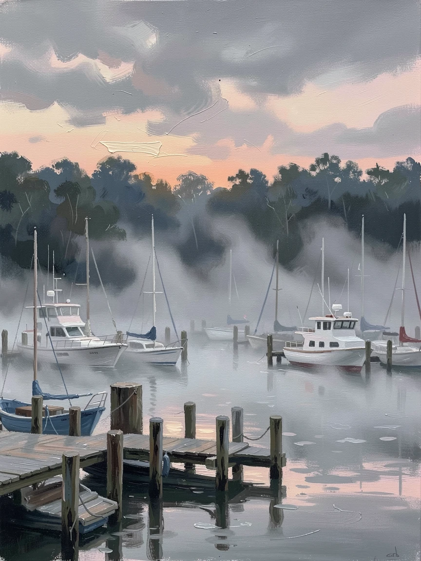 Thick fog rolling through a quiet harbor at dawn, light and shadow racing quickly across the landscape, above a dense forest canopy, in the hush just after a storm has passed.