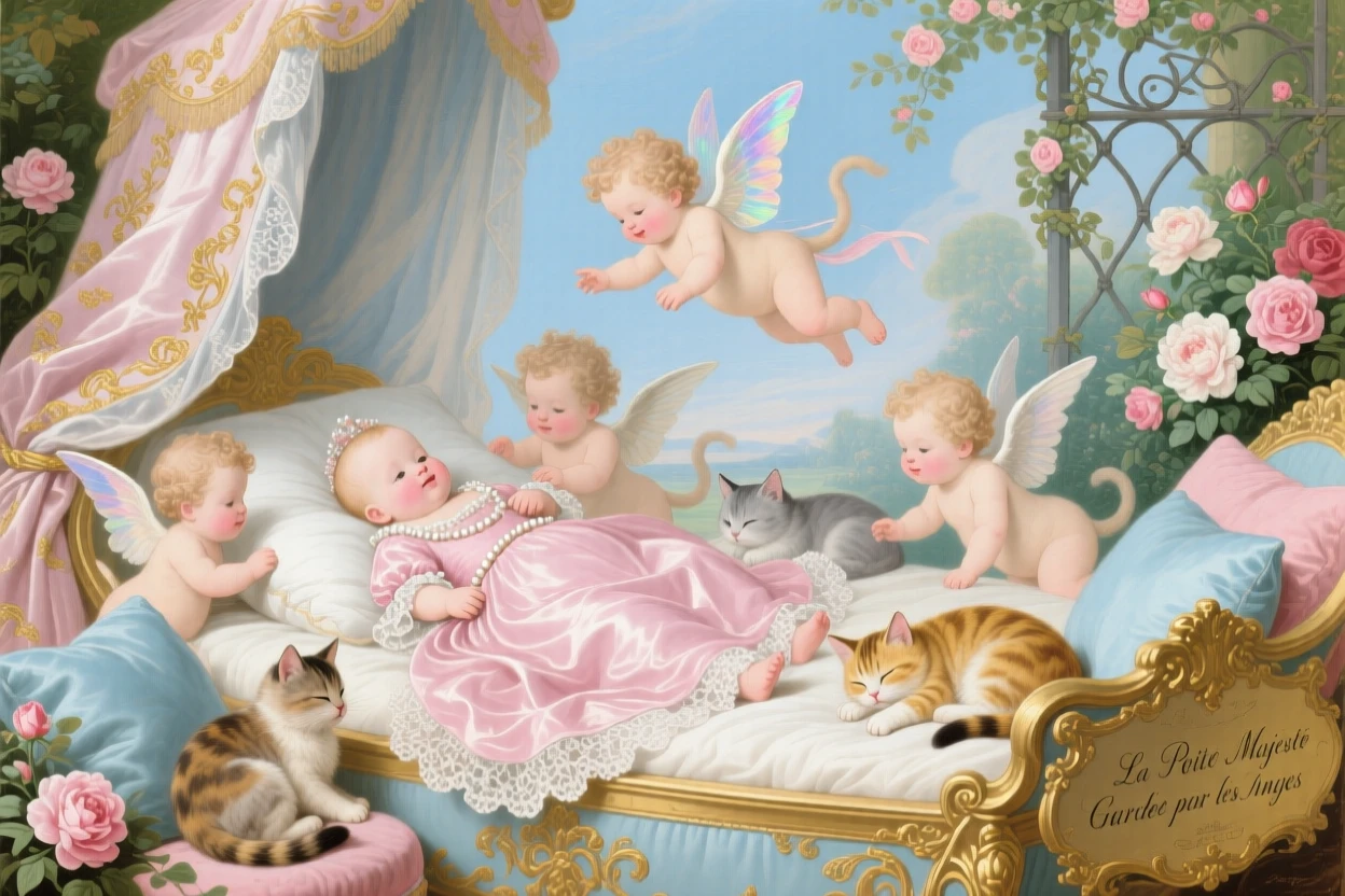 A royal baby guarded by tiny winged cherubs and sleeping kittens  