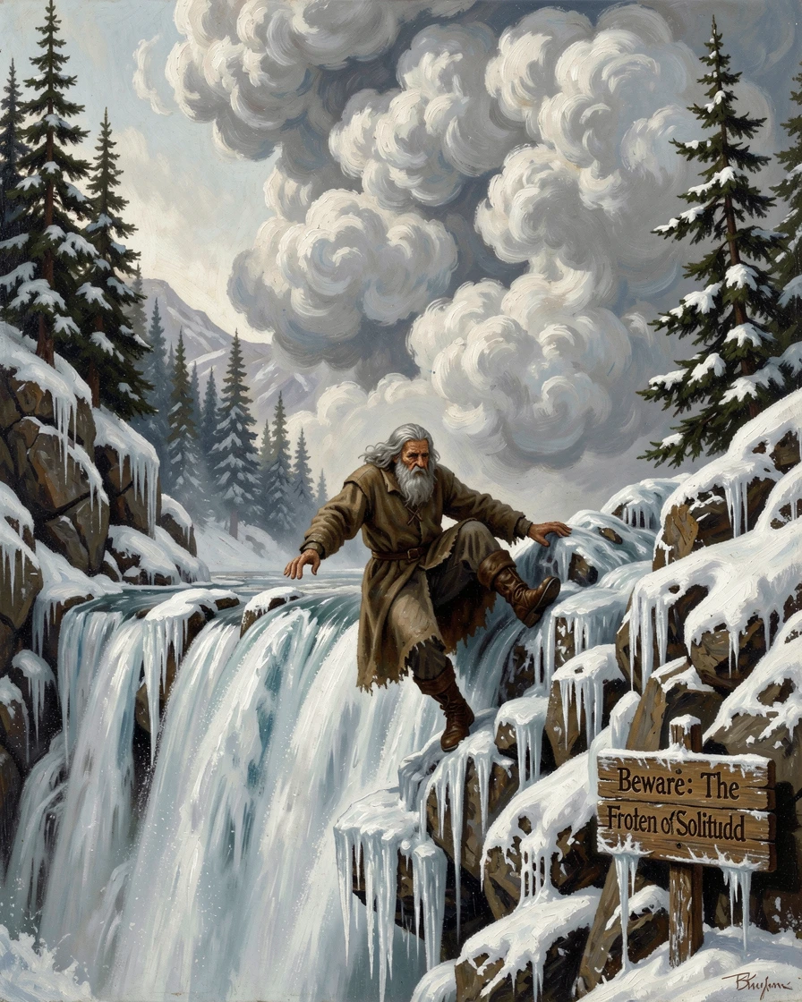 A hermit traverses a frozen waterfall clinging to the rock as an avalanche of cloud rolls past.