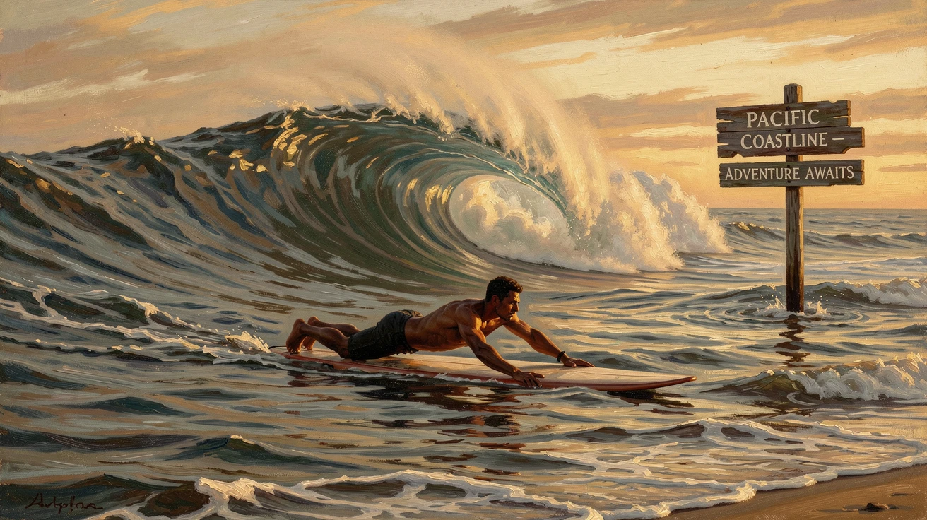 A surfer paddling out toward a perfect wave at golden hour, as the golden light of dawn or dusk sets the perfect adventurous mood, offering a vivid, awe-inspiring window into a far-off adventure