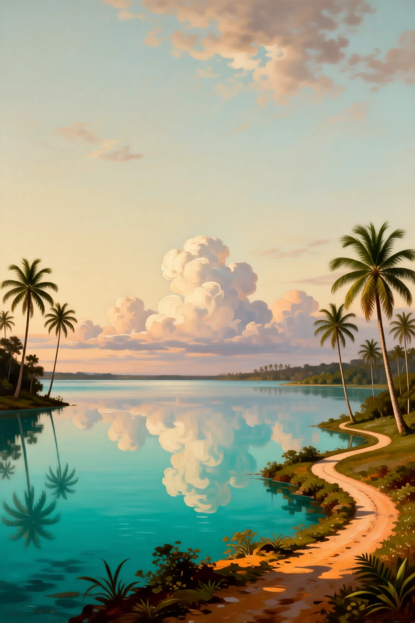 A tropical lagoon fringed with palm trees and turquoise water alive with the quiet motion of wind and water, set within reach of a winding country path, with clouds mirrored perfectly in still, glassy water; a low horizon line gives dramatic weight to an expansive sky, suggesting harmony between the natural world and the soul.