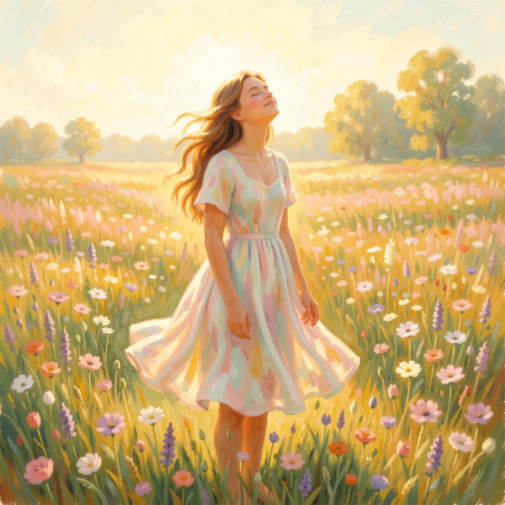 A young woman in a flowing summer dress standing in a field of wildflowers, eyes closed, face turned toward the sun, during the height of summer, capturing a fleeting moment of pure happiness.