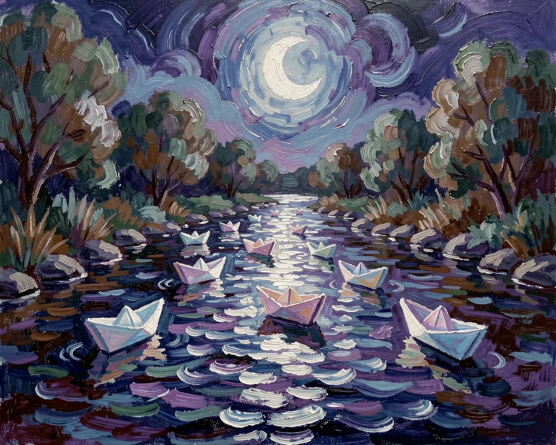 A row of paper boats floating gently down a moonlit stream.