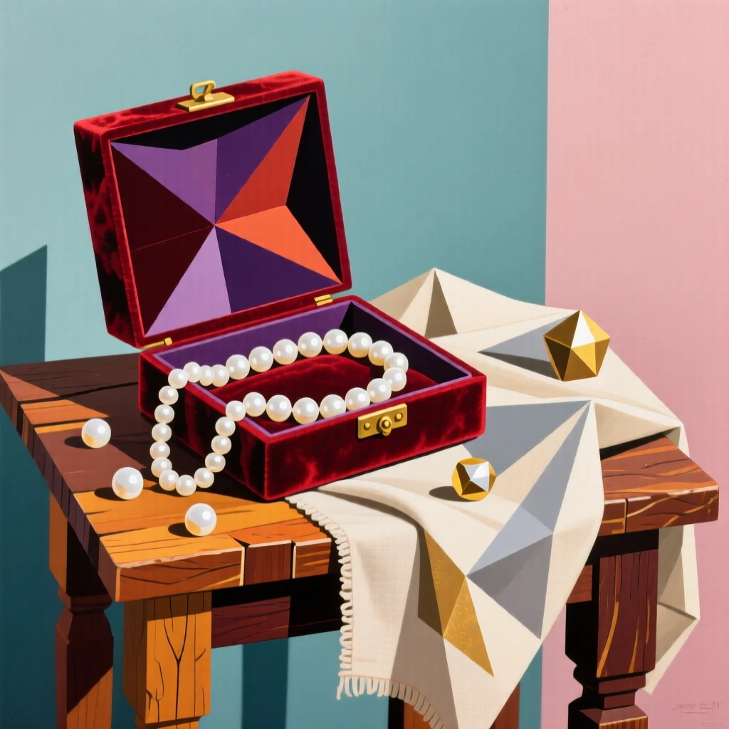 An elegant still life featuring a string of pearls in a velvet box on a rustic wooden table beside a linen cloth.