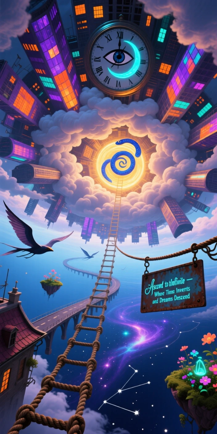 An upside-down city hanging beneath a cloud bank rotates gently around an invisible axis, as a rope ladder dangles into empty space below.