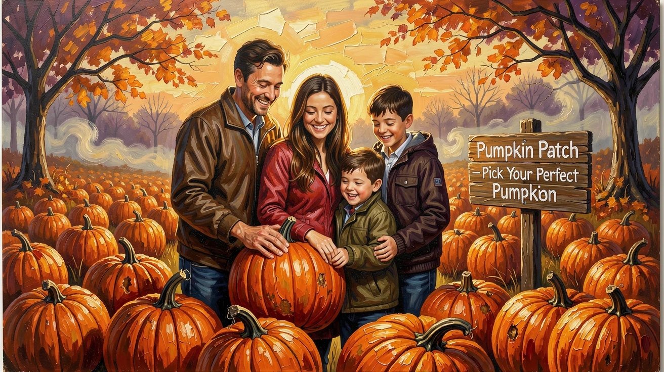 A spooky pumpkin patch scene shows a family selecting the perfect pumpkin among rows of orange gourds under a golden autumn sky, warm ambient light illuminating faces filled with joy and communal spirit.