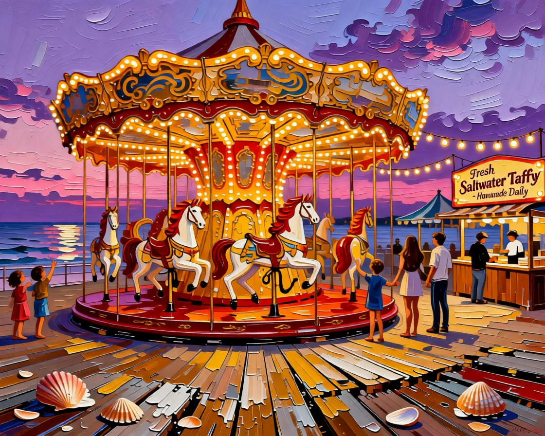 A grand old carousel lit up at a seaside boardwalk amusement park at dusk