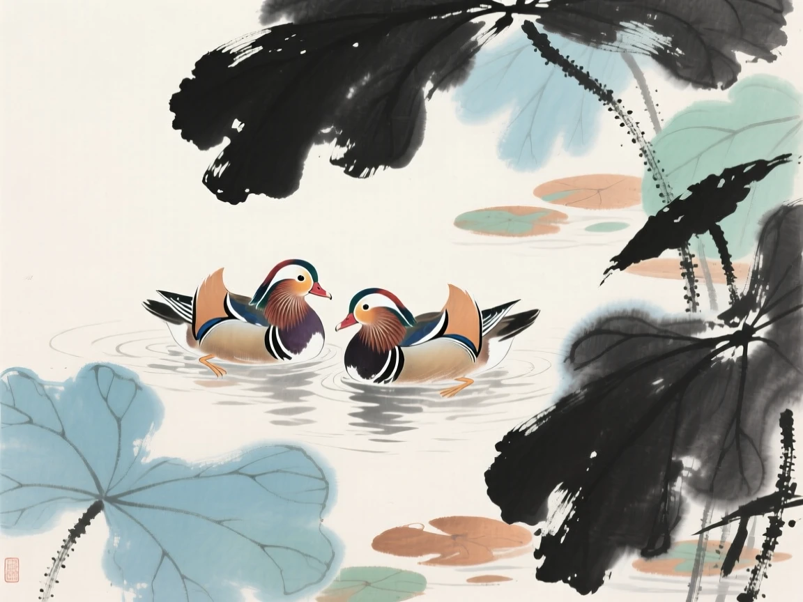 A pair of mandarin ducks swimming among lotus leaves, full of quiet reverence.